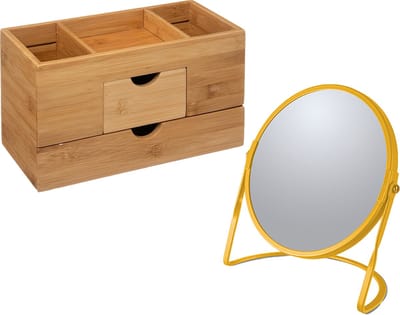 5Five Make-up organizer en spiegel set - lades/vakjes - bamboe/metaal - 5x zoom spiegel - geel/bruin