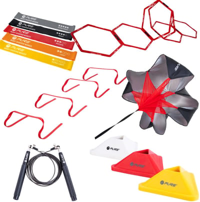 Pure2Improve - Sport Trainingsmateriaal - Weerstandsbanden - Flexibele hindernissen - Weerstandsparachute - Agility raster - Pionnen set - Springtouw