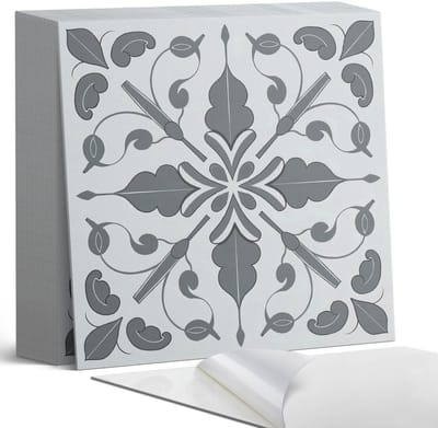 Coloray Plaktegels - Plantmotief in symmetrie Zelfklevende Tegels - 20 cm x 20 cm - Grijs Plaktegels - 20 stuks - Vierkant PVC Tegels - Plaktegels Badkamer - Plaktegels Vloer - Vinyl Tegels - Wandtegel Zelfklevend