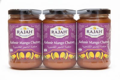 Rajah Kashmir Mango Chutney (3 x 340 g) Indiase natuurlijke kom, ideaal voor curry's, kaas, gegrild en meer glutenvrij met Kajal Sticker