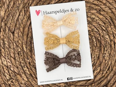 Haarstrik Flo setje 24 - set van drie strikken - kant - alligatorclip - beige/khaki/bruin