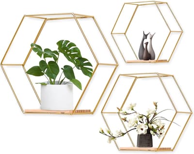 Hexagon Metalen Wandrek Set van 3 - Gouden Decoratie voor Wandbevestiging in Huizen en Cafés