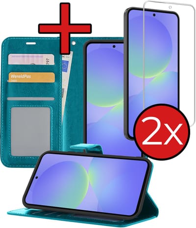 Hoesje - Met 2x Screenprotector - Geschikt voor Samsung Galaxy A36 - Luxe Pasjeshouder - Flip Case - Bookcase Portemonee - Kunstleer Book Case - Flipcase Hoes - Book Cover - Walletcase - Portemonneehoes - Telefoonhoes - Turquoise