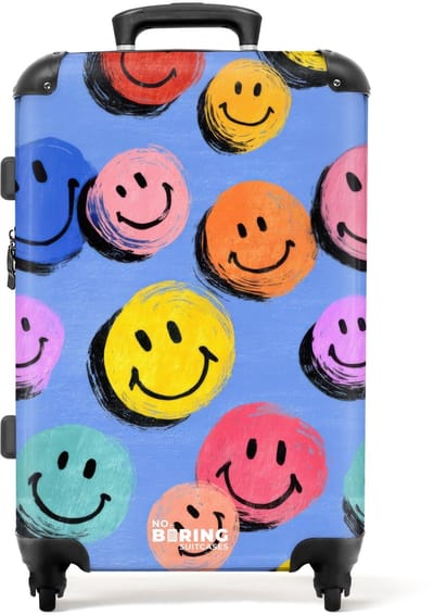 NoBoringSuitcases.com - Grote koffer - Kleurrijke smiley's op een blauwe achtergrond - Kinderkoffer geschikt voor jongen en meisjes - Reiskoffer met 4 wielen - Trolley op wieltjes - Rolkoffer groot kinderen - 72 liter - Ruimbagage valies 20kg