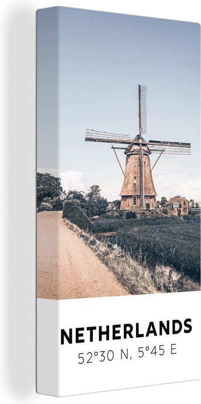 Canvas Schilderij Nederland - Molen - Weiland - 20x40 cm - Wanddecoratie