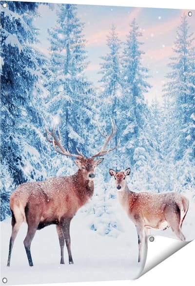 Gards Tuinposter Twee Herten in het Bos met Sneeuw - 80x100 cm - Tuindoek - Tuindecoratie - Wanddecoratie buiten - Tuinschilderij