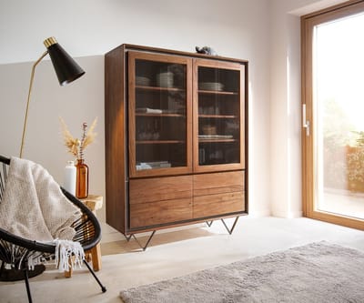 Boekenkast Stonegrace acacia bruin steenfineer 120x150 cm 2 deuren 4 laden V-poot Black Boekenkast