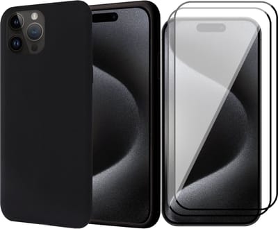 Hoesje geschikt voor iPhone 15 Pro - 2x Screen Protector FullGuard - Back Cover Case SoftTouch Zwart & Screenprotector