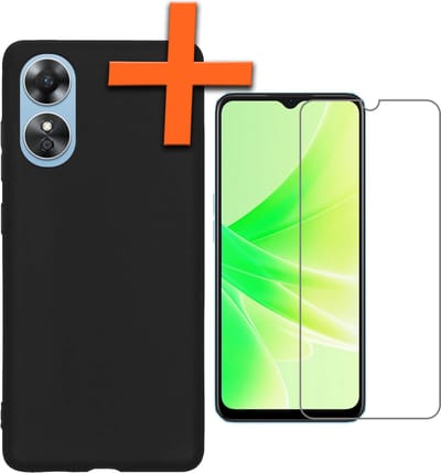Hoes - Met Screenprotector - Geschikt voor OPPO A17 - Sterk & Shockproof - Back Cover - Siliconen Case - Telefoon Hoes - Zwart