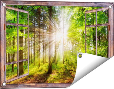Gards Tuinposter Doorkijk Bos met Zon tussen de Bomen - 60x40 cm - Tuindoek - Tuindecoratie - Wanddecoratie buiten - Tuinschilderij