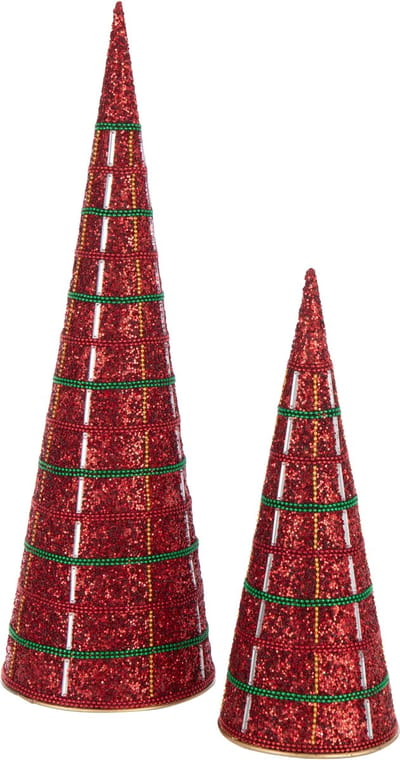 J-Line decoratie Kegel Kralen - ijzer - kerstrood - set van 2