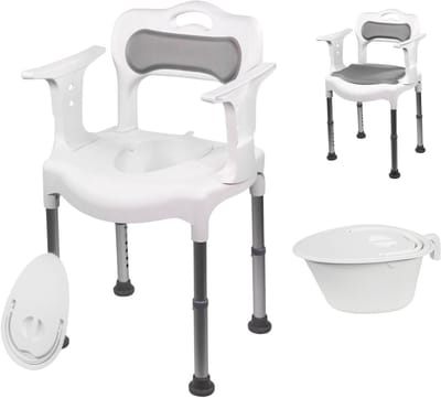 Plaza Care Chair Douchestoel & Toiletstoel 2-in-1 – Met Toiletemmer – Afneembare Rug en Armleuning – Anti slip - Verstelbare Hoogte - Douchekruk - Badkamerstoel – Wit/Grijs