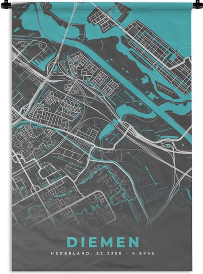 Wandkleed - Wanddoek - Stadskaart - Diemen - Grijs - Blauw - 120x180 cm - Wandtapijt - Plattegrond