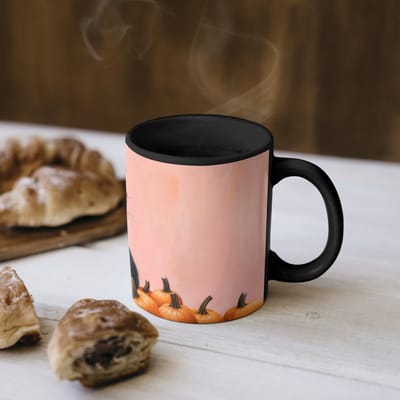 Magische Mok - Foto op Warmte Mokken - Koffiemok - Kat - Pompoen - Roze - Magic Mok - Beker - 350 ML - Theemok