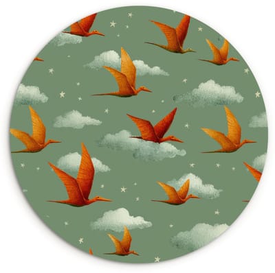 WallCircle® Wandcirkel 120x120 cm - Muurcirkel Dinosaurussen - Wolken - Sterren - Oranje - Muurdecoratie woonkamer - Wanddecoratie slaapkamer - Kamer decoratie accessoires - Ronde schilderijen XXL