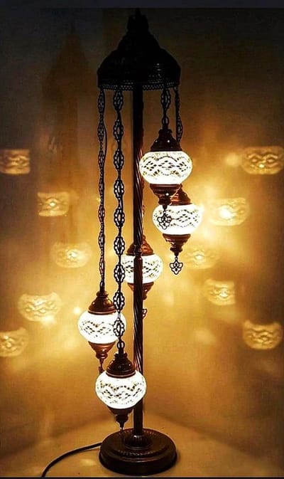 Turkse lamp - vloerlamp met 5 mozaïek glazen - handgemaakt - warme tinten - 125 cm hoog