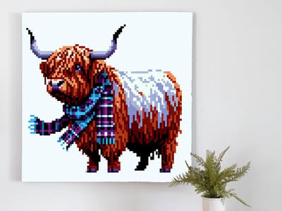 Pixel art schotse hooglander schilderij | Tovenaar van de pixels: een Schotse hooglander als kunstwerk | Kunst - 60x60 centimeter op Forex | Foto op Forex