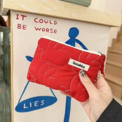 Porte-monnaie en coton frais et petit à la mode, motif floral, porte-monnaie zippé, sac de maquillage pour dame, sac de rangement pour clés et argent rouge