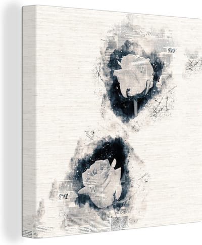 Canvas Schilderij Rozen - Bloemen - Rook - Krant - 90x90 cm - Wanddecoratie