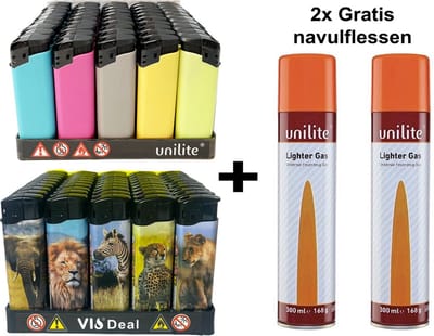 100 stuks Aanstekers -Matt rubber / animal print - navulbaar aansteker + 2 Gratis gasflessen