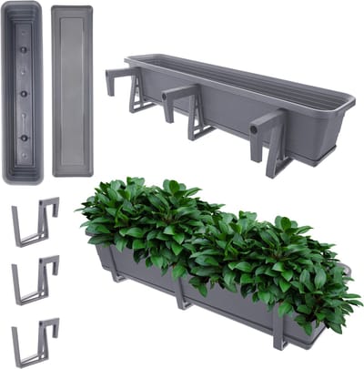 KADAX Wamat, set met onderzetter, met of zonder bloembakhouders, van kunststof, plantenbak, balustrade, bloempot (antraciet, 80 cm + houders)