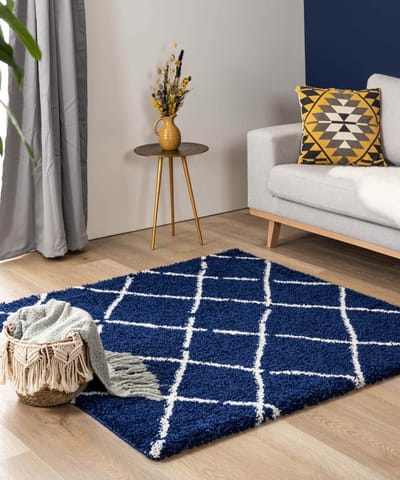 Vierkant hoogpolig vloerkleed ruiten Artisan - marineblauw/wit 240x240