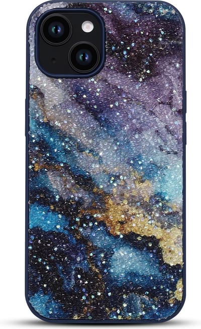 Casemania Hoesje Geschikt voor Apple iPhone 15 - Blauw - Diamant Marmer Glitter Back Cover