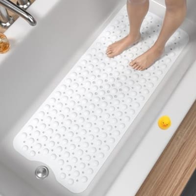 PromoHome Antislip Badmat Extra Groot 100x40 cm - Douchemat met Zuignappen en Afvoergaten - Anti-Schimmel Machinewasbare Badkamer Mat - Zacht PVC Materiaal - Wit