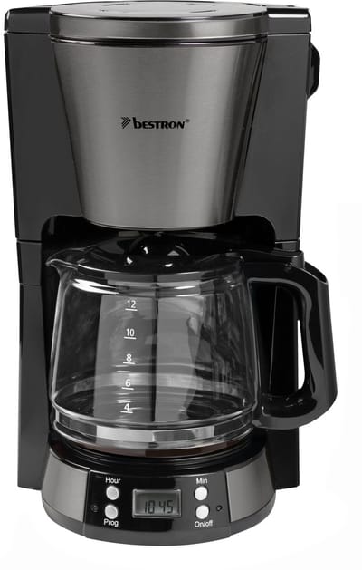 Bestron ACM800TG Koffiezetapparaat – 1,5L Glazen Kan – 1000W – Timerfunctie – 10‑12 Koppen – RVS Afwerking
