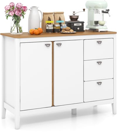 COSTWAY Keukenkast met 2 deuren en 3 laden, dressoir, wit van hout, buffetkast vrijstaand met verstelbare planken, opbergkast voor woonkamer, eetkamer, 106 x 40 x 80 cm
