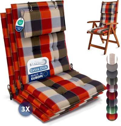 Beautissu Sun-HL - Set van 3 Premium Hoge Rugleuning Kussen met Hoofdkussen 120x50 cm – UV-bestendig & 8cm Dik Kussen Tuinstoelkussen Antislip Bevestigingsbanden – Stevige Stof Oranje Beige geblokt