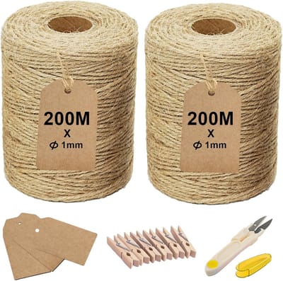 SnelShoppen - Jute touwset 200 m - Robuust jute koord 1 mm met kraftpapieren etiketten, berkenhouten klemmen en schaar - Perfect voor tuinieren, macra