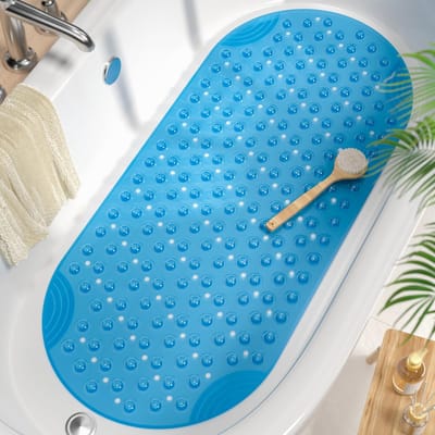 Oval badkamermat rutschfest 88 x 40 cm, Lange schimmelbestendige badkamermat, badkamer douchemat rutschfest BPA-vrij, wasbare antislipmat badkuip, Blauw