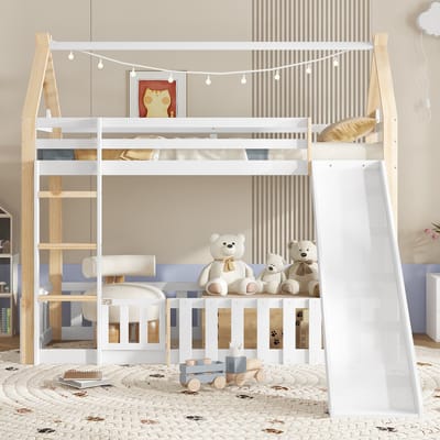 Pugsdrly Stapelbed, kinderbed, prachtige dakvorm, met grappige kinderslide, vrije ruimte met omheining, stabiele lattenbodems en ladder, grenen + MDF + multiplex, wit + naturel, 90x200cm