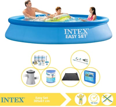 Intex Rond Opblaasbaar Easy Set Zwembad - 305 x 61 cm - Blauw - Inclusief Onderhoudspakket - Zwembadfilterpomp - Filter - Stofzuiger - Solar Mat - Vloertegels - 7-delig