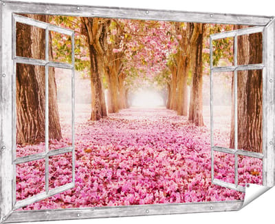Gards Tuinposter Doorkijk Romantische Bomen Tunnel met Roze Anjers - 180x120 cm - Tuindoek - Tuindecoratie - Wanddecoratie buiten - Tuinschilderij