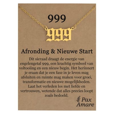999 Engelen Getal Ketting op Cadeau Kaartje - Goudkleurig - Stainless Steel Spirituele Hanger - 45cm + 5cm verstelbaar - Pax Amare