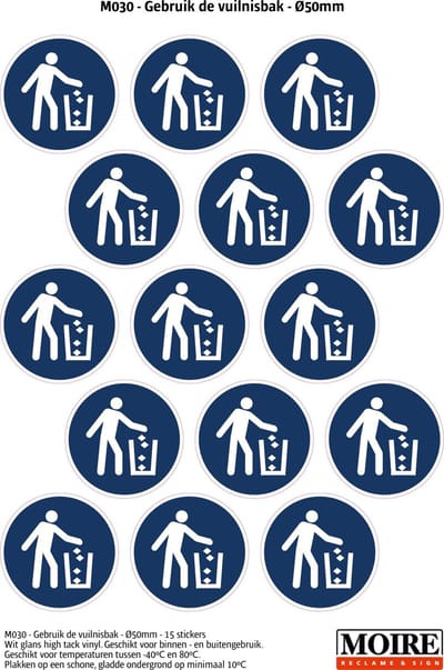 Pictogram sticker 75 stuks M030 - Gebruik de vuilnisbak - 50 x 50 mm - 15 stickers op 1 vel