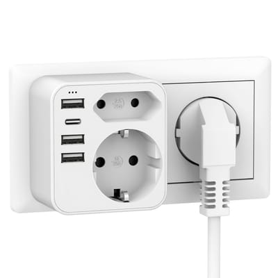 Dutchers® Stekkerdoos met USB-C – 2 Stopcontacten + 3 USB-A & 1 USB-C – 4000W 16A 250V – Compact Verticale Wandadapter Zonder Kabel – Wit – Multistekker voor Thuis & Kantoor