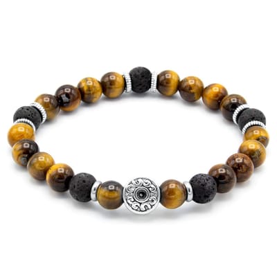 Victorious Natuurstenen Kralen Armband Heren – Tijgeroog & Lavasteen – Bruin/Zwart – 17cm