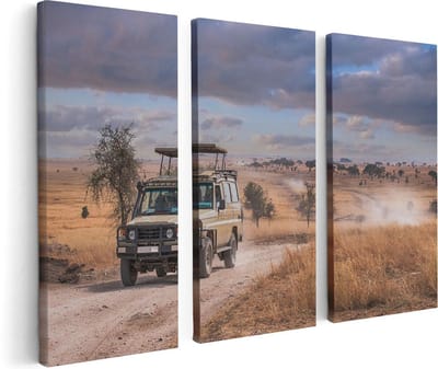 Artaza Canvas Schilderij Drieluik Safari Auto in de Savanne - 120x80 - Foto Op Canvas - Canvas Print