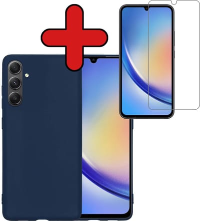 Hoesje - Met Screenprotector - Geschikt voor Samsung Galaxy A34 - Sterk & Shockproof - Telefoon Hoes - Back Cover - Siliconen Case - Telefoonhoes - Donkerblauw