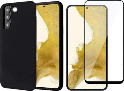 Hoesje geschikt voor Samsung Galaxy S22 Plus - Matte Back Cover Microvezel Siliconen Case Hoes Zwart - Full Tempered Glass Screenprotector