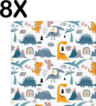 Luxe Placemat - Dino Patroon - Kinderlijk - Getekend - Set van 8 Placemats - 50x50 cm - 2 mm dik Vinyl - Anti Slip - Afneembaar