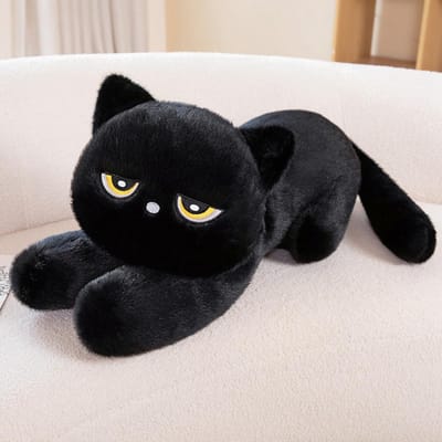 Schattige Zwart Kat Pluche Speelgoed met Halve Ronde Ogen Liggende Zwart Kat Kussen Kinderen Spel Fans Halloween Kerst Verjaardag Cadeaus Huisdecoratie 22cm black