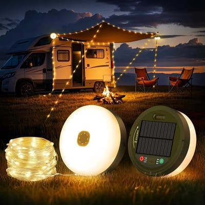 Oprolbare kampeerlichtslinger van 10 meter, 4-in-1 waterdichte LED-lichtslinger voor buiten, ondersteunt 9 lichtstanden, draagbare oplaadbare USB-kampeerlamp, geschikt voor kamperen en wandelen.