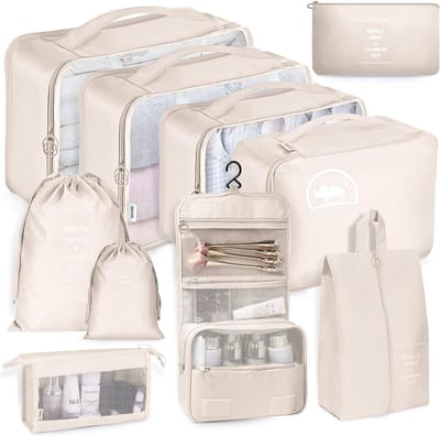 Tamarow Packing Cubes Set 10 Delig - Bagage Organizers - Travel Backpack Organizer - Kleding Organizer - Beige