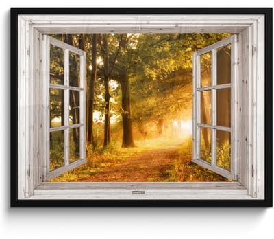 Poster in lijst - Fotolijst 70x50 cm - Posters - Bos - Bomen - Zonlicht - Herfst - Bospad - Natuur - Doorkijk - Posterlijst zwart - Decoratie - Wanddecoratie woonkamer - Muurdecoratie slaapkamer
