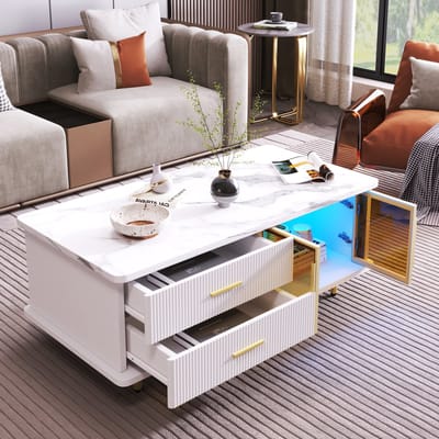Wishdor Salontafel met marmerprint, gehard bruin glas, golvende lades, gouden grepen & poten, wisselende LED-kleur, 100×50×40 cm
