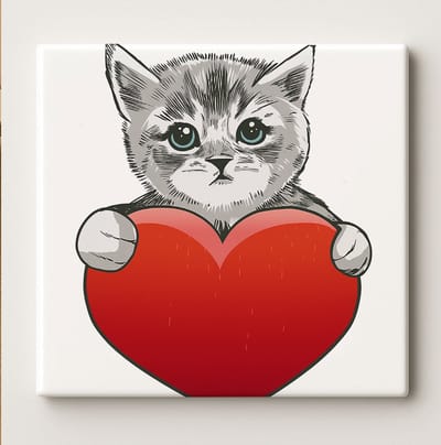 Schattige Kat met Hart Tegel – 15x15 cm Keramische Wanddecoratie – Lief Kattenliefde Ontwerp – Perfect Cadeau voor Kattenliefhebbers & Valentijnsdag